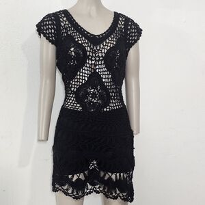 Together Black Lace Crochet  Sheer Tunic Womens Sz S/M